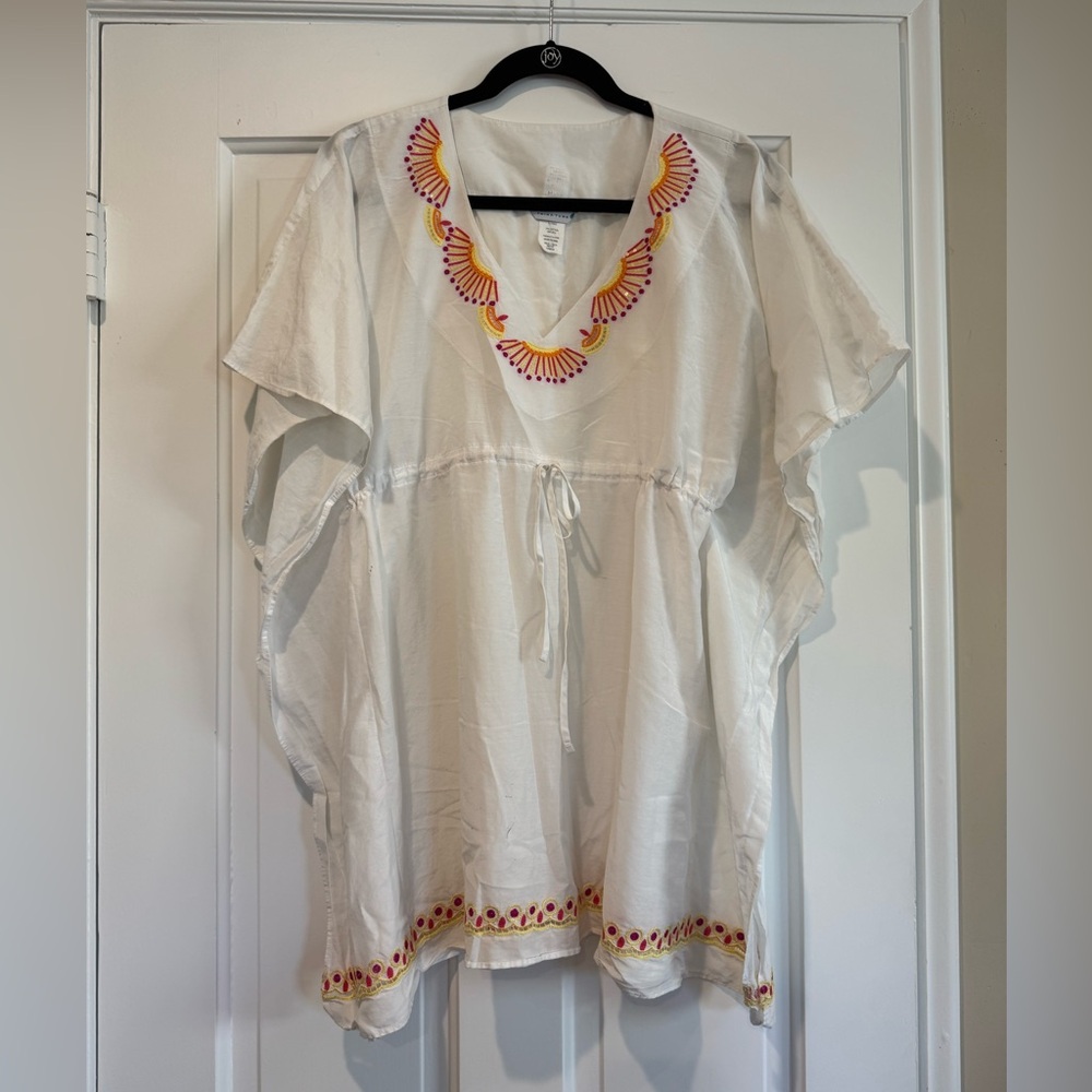 Trina Turk White caftan with Orange and pink Embellished Tunic